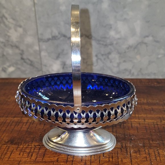 Other - Vintage Cobalt Blue Glass Jam/Condiment/Candy Dish, Chrome Plate Basket Stand
